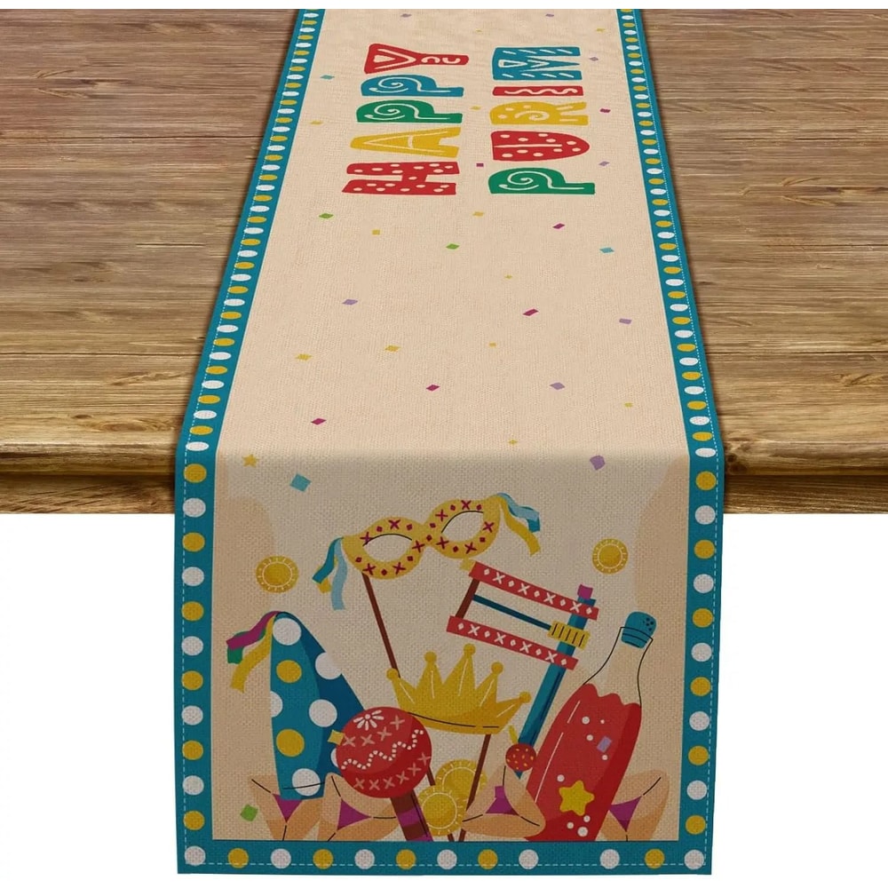 Happy Purim Linen Table Runner Festive Masquerade Jewish Holiday Carnival Decor Reusable Masque 6