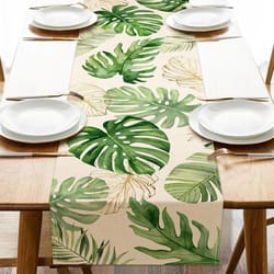 summer palm leaves tropical greenery linen table runner – refreshing spring home decor & outdoor botanical party runner