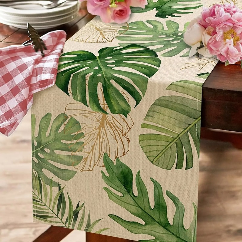 Summer Palm Leaves Tropical Greenery Linen Table Runner Refreshing Spring Home Decor Outdoor Bota 1