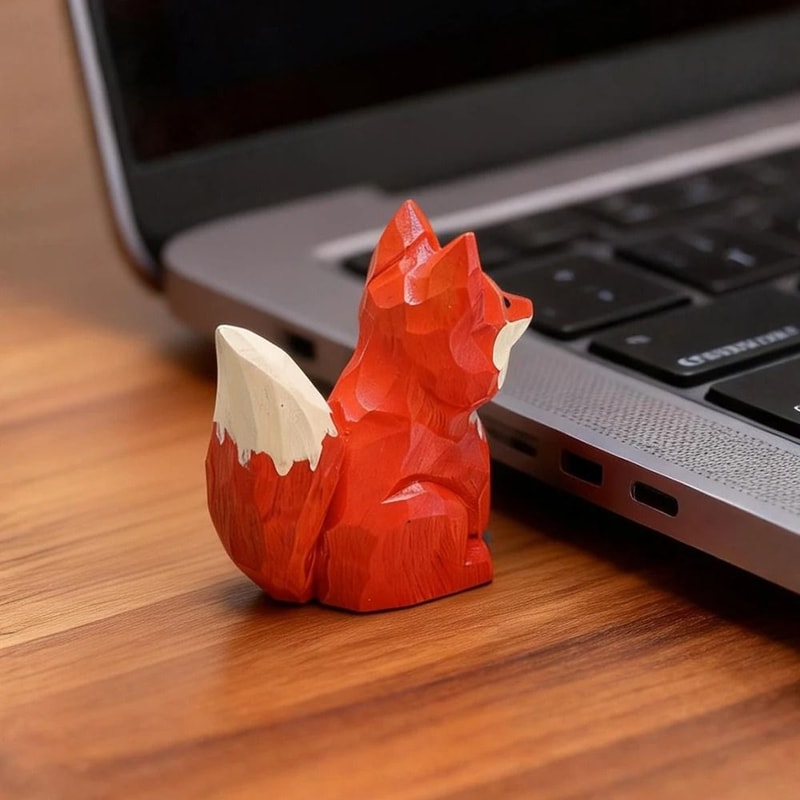 Gemini Said Vintage Handmade Solid Wood Fox Sculpture Artisanal Miniature Animal Figurine For Desk 2