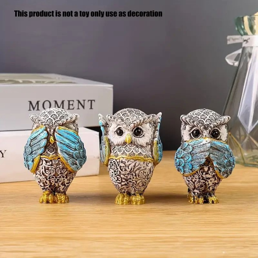 3Piece Resin Owl Statue Collection Decorative Artisanal Crafts For Modern Home Office Interior De 0