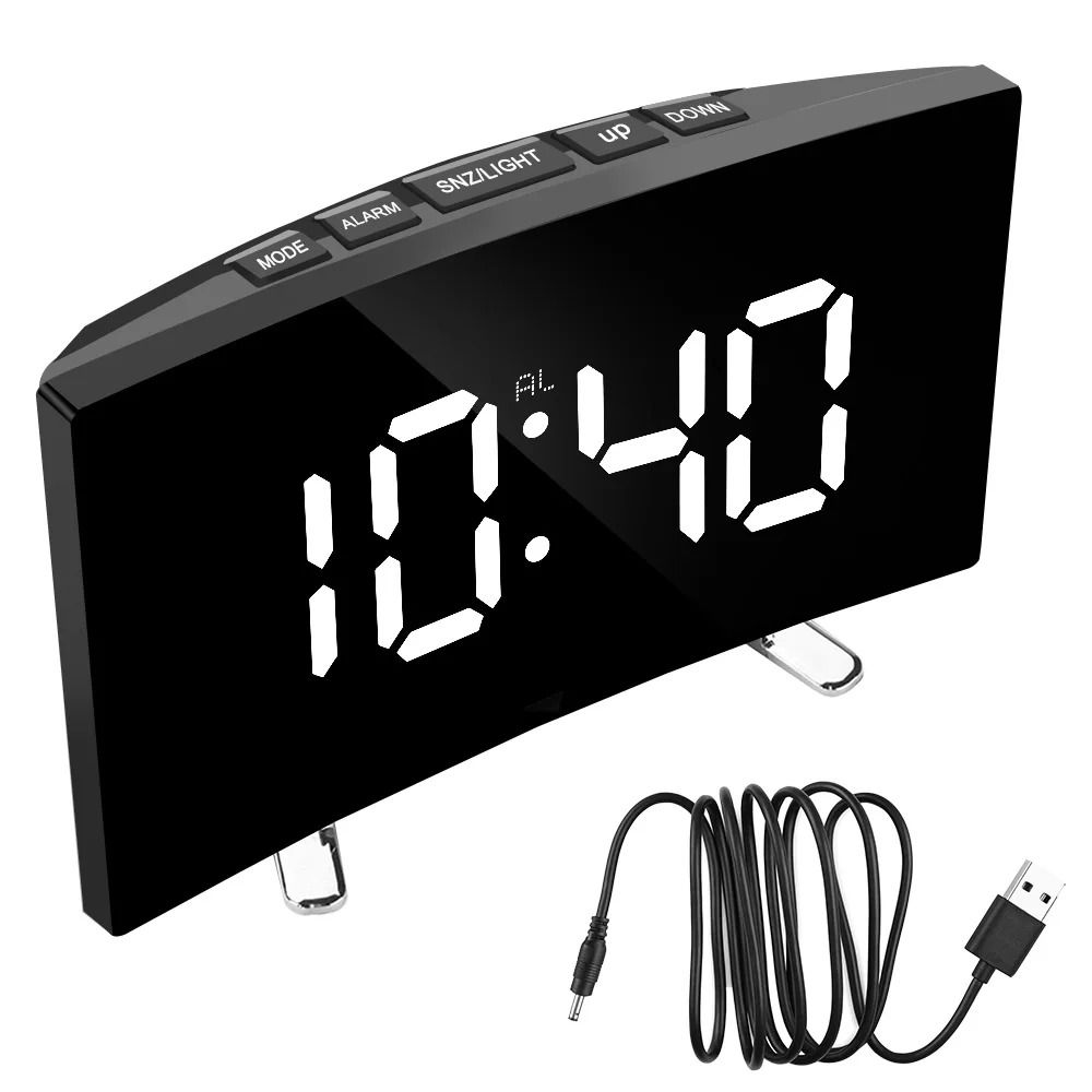 Curved LED Digital Alarm Clock Dimmable Mirror Screen Table Clock With Large Numbers For Kids Bedr 7