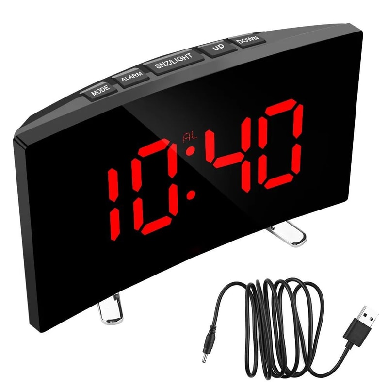 Curved LED Digital Alarm Clock Dimmable Mirror Screen Table Clock With Large Numbers For Kids Bedr 8