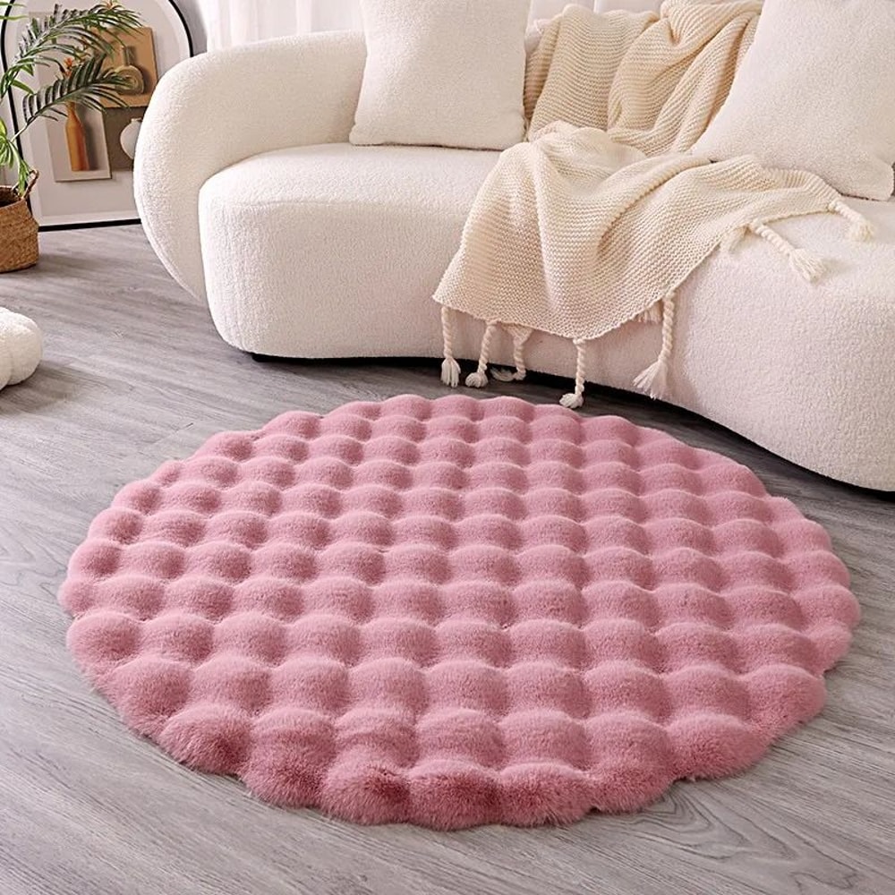 Faux Rabbit Fur Bubble Texture Round Carpet Premium Soft Plush Rugs For Kids Bedrooms Game Cushion 10