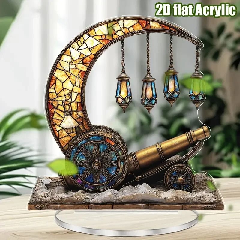 Acrylic Moon Turret Silhouette Ornament 2D Desktop Decor With Flower Star Lantern Accents For Ho 10