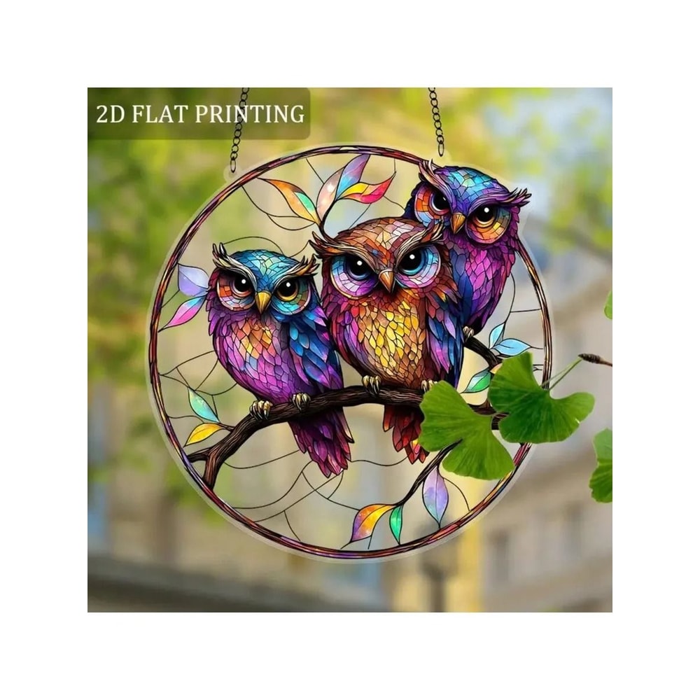 Colorful Owl Celestial Suncatcher Vibrant Stained Acrylic Window Pendant For Living Rooms Bedrooms 11