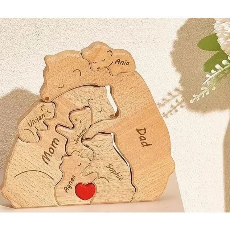 Custom Bear Family Wooden Puzzle Personalized Interlocking Name Ornament For Family Gifts Modern 2