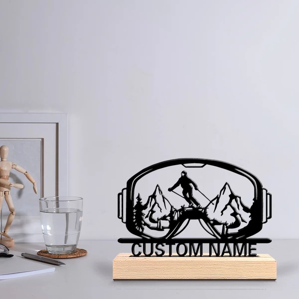 Custom Skiing AlpineGoggles Sculpture Personalized Metal Ski Statuette With HandFinished Wooden Ba 1