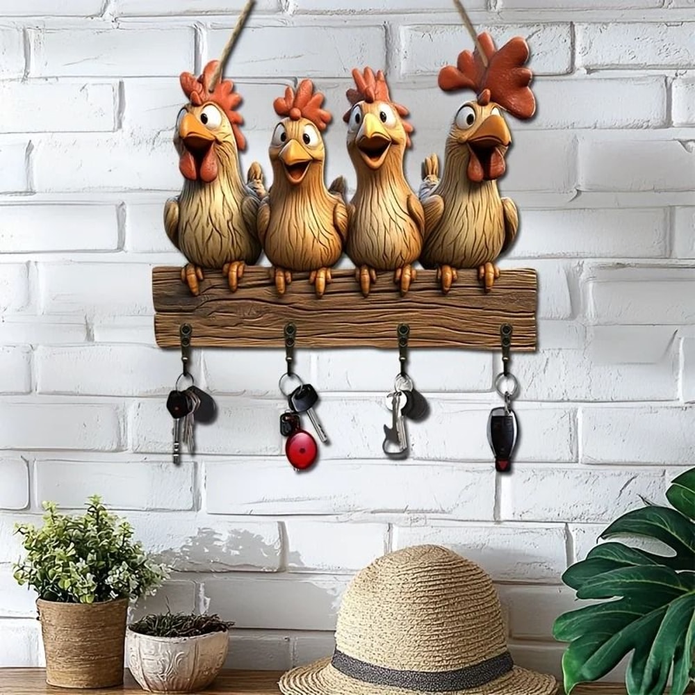 Rustic Hen Wooden Key Hanger 2D Hanging Wall Decoration With Household Integrated Hooks 2