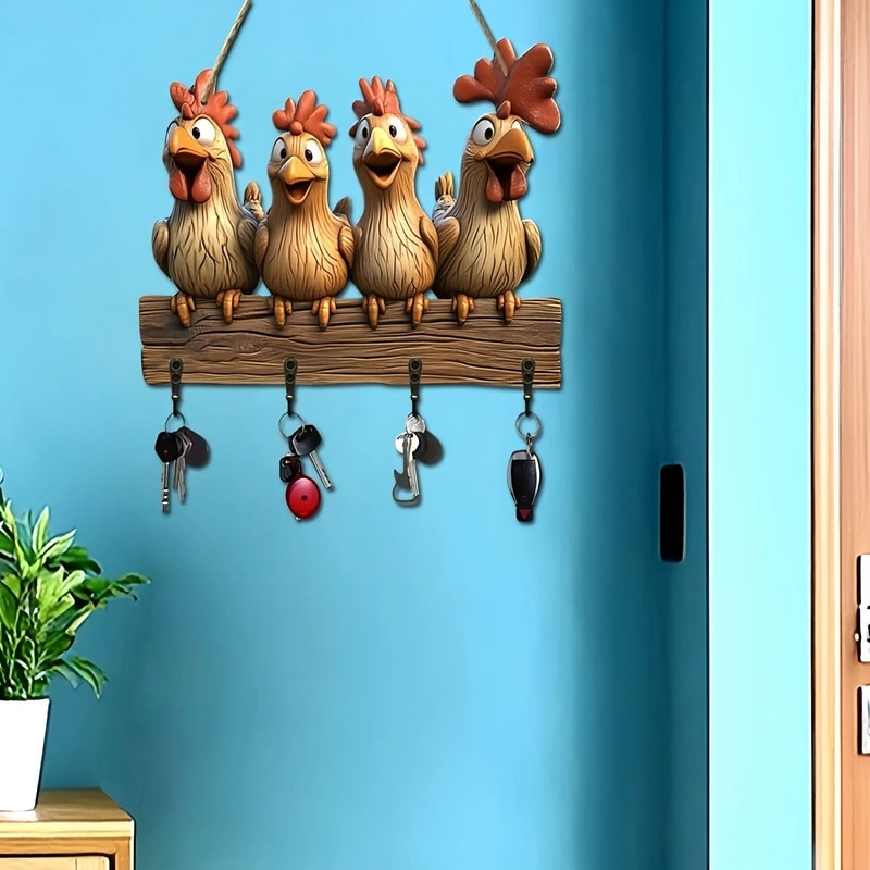 Rustic Hen Wooden Key Hanger 2D Hanging Wall Decoration With Household Integrated Hooks 3