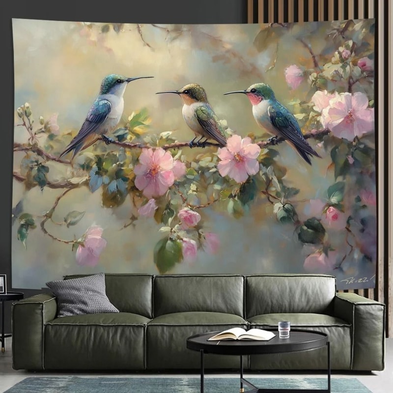 Vibrant Hummingbird Soft Floral Tapestry Elegant Botanical Wall Art For Bedrooms Offices Creativ 0