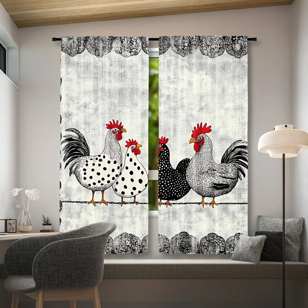 Retro Polka Dot Chicken Cafe Curtains 2Piece Contemporary Rod Pocket Window Treatment For Modern K 1