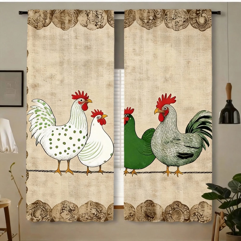 Retro Polka Dot Chicken Cafe Curtains 2Piece Contemporary Rod Pocket Window Treatment For Modern K 8