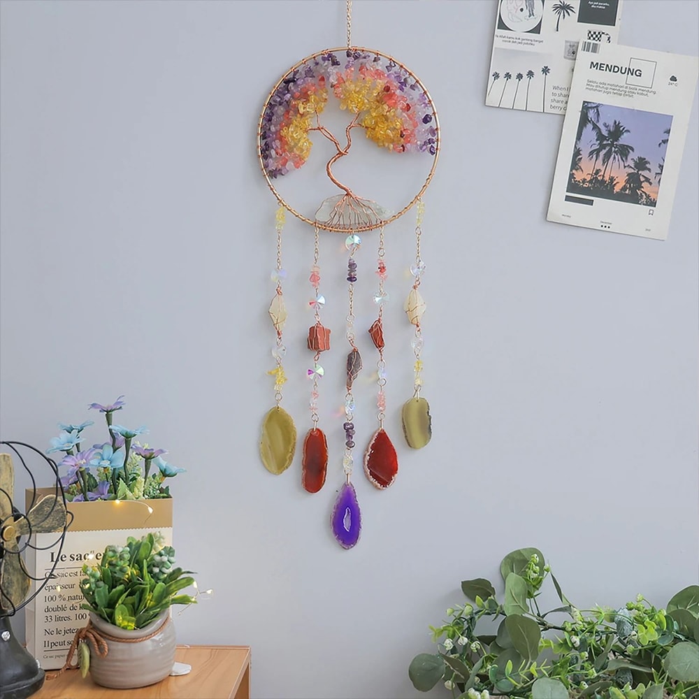 Natural Agate Crystal Dream Catcher HandFinished Moon Star Sun Wall Hanging For Modern Zen Sanctu 4