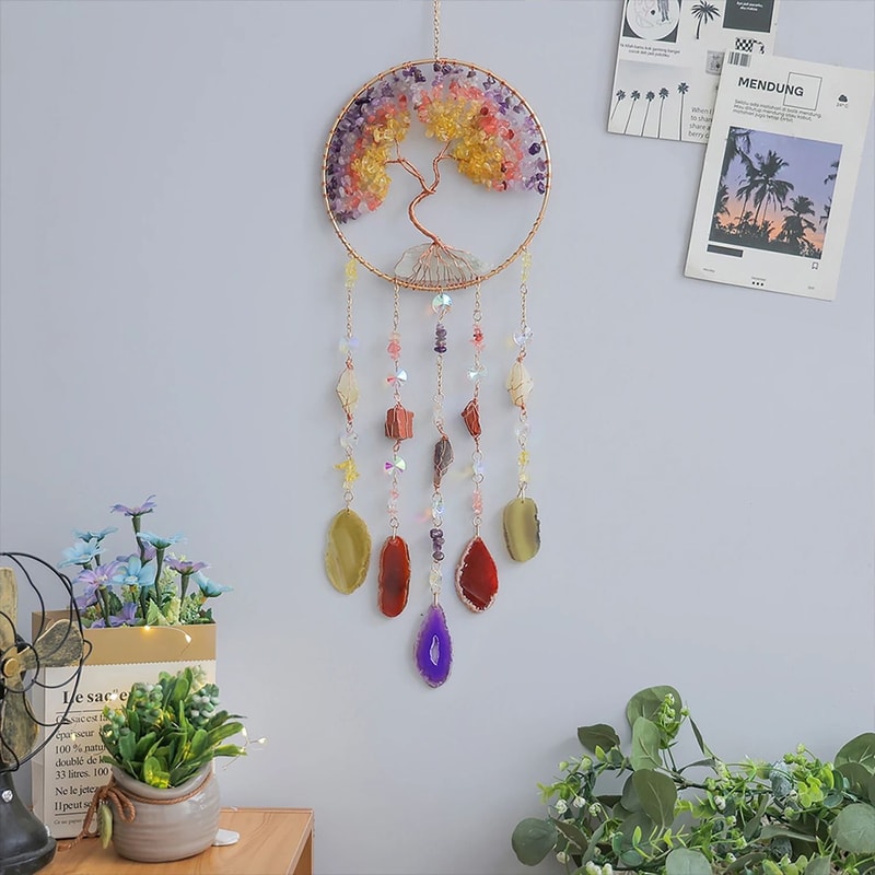 Natural Agate Crystal Dream Catcher HandFinished Moon Star Sun Wall Hanging For Modern Zen Sanctu 4