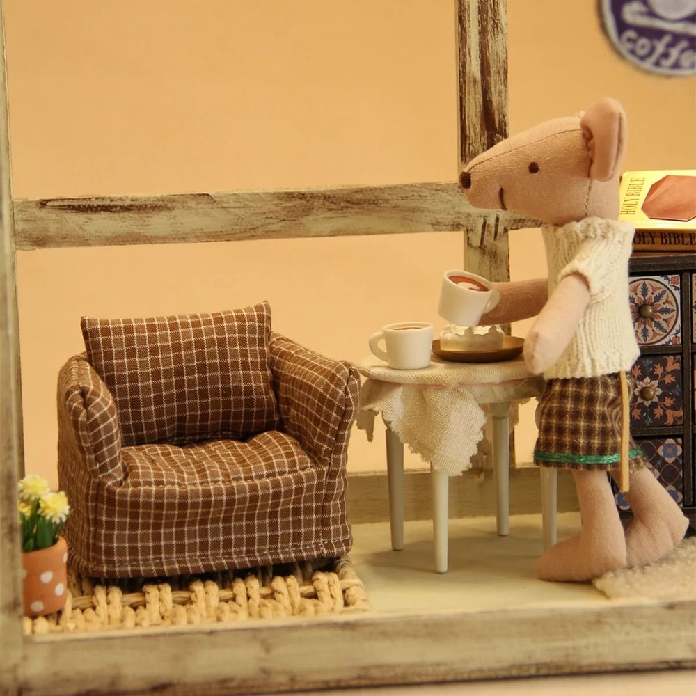 Miniature Plaid Wooden Single Sofa HighDefinition Modern Dollhouse Furniture Home Decor 0