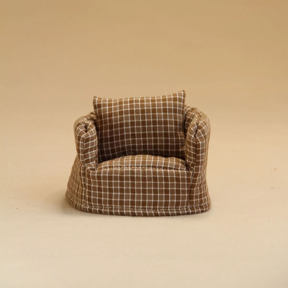 Miniature Plaid Wooden Single Sofa HighDefinition Modern Dollhouse Furniture Home Decor 7