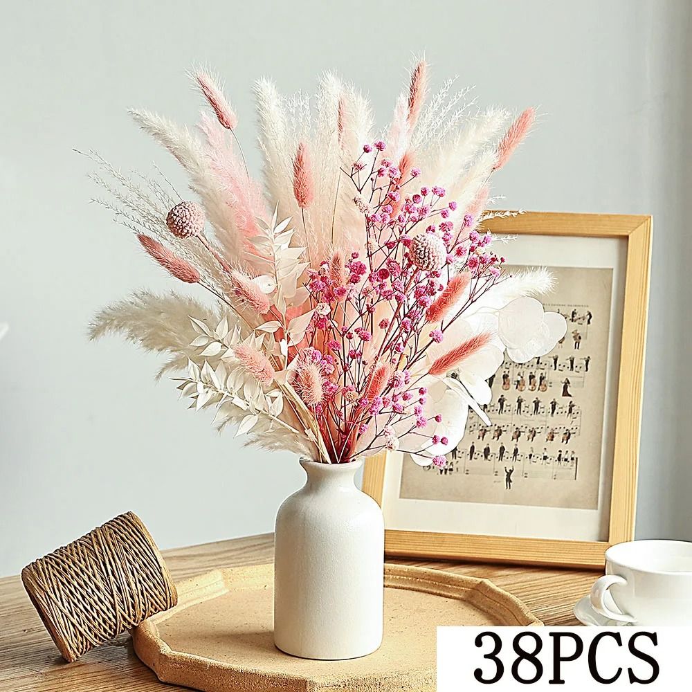 Pink White Nordic Boho Dried Flower Bouquet Natural Pampas Grass Real Gypsophila For Modern Wedd 7