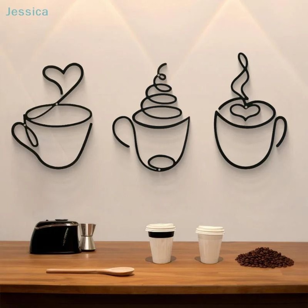 Metal Black Coffee Cup Wall Art HighDefinition Modern Silhouette For Kitchen Cafe Coffee Bar Deco 0