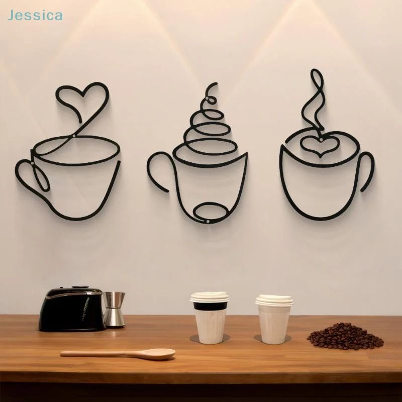 Metal Black Coffee Cup Wall Art HighDefinition Modern Silhouette For Kitchen Cafe Coffee Bar Deco 0