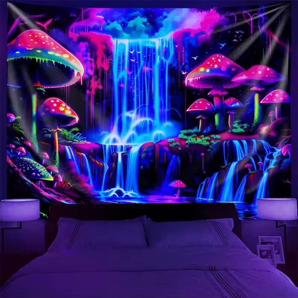 Cyberpunk Neon Forest Waterfall Psychedelic Wall Tapestry 0