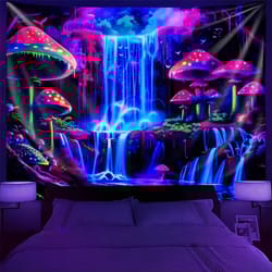 cyberpunk neon forest waterfall psychedelic wall tapestry