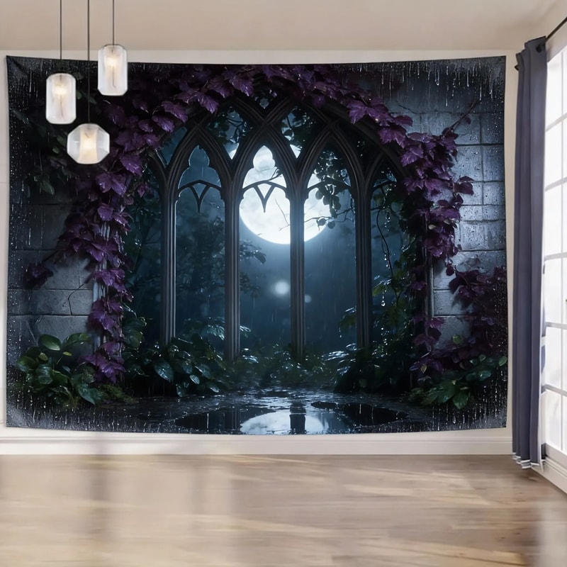 Enchanted Gothic Window Lush Garden Tapestry 12