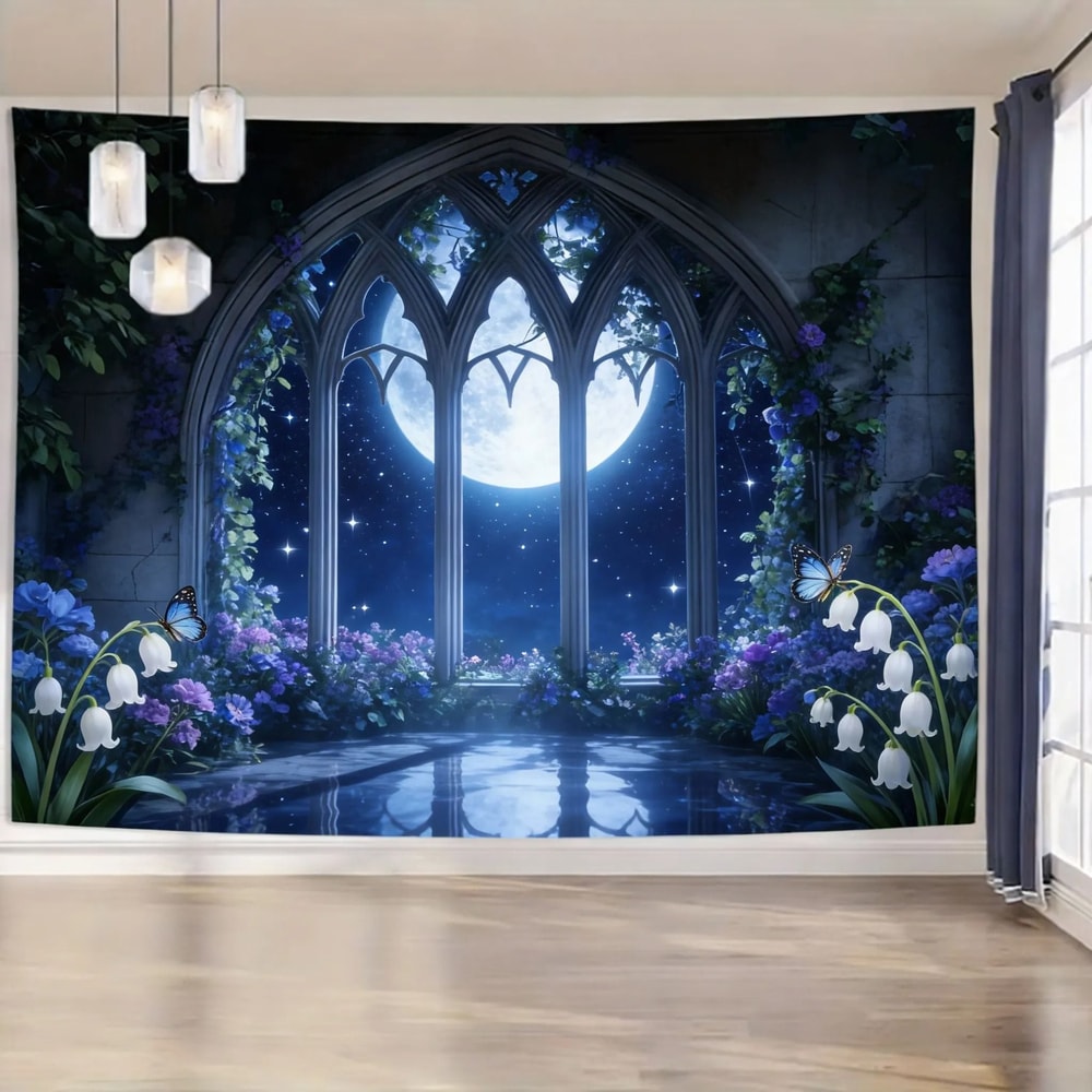 Enchanted Gothic Window Lush Garden Tapestry 6