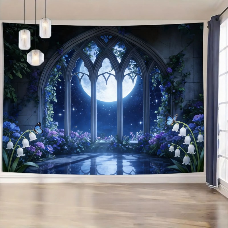 Enchanted Gothic Window Lush Garden Tapestry 6