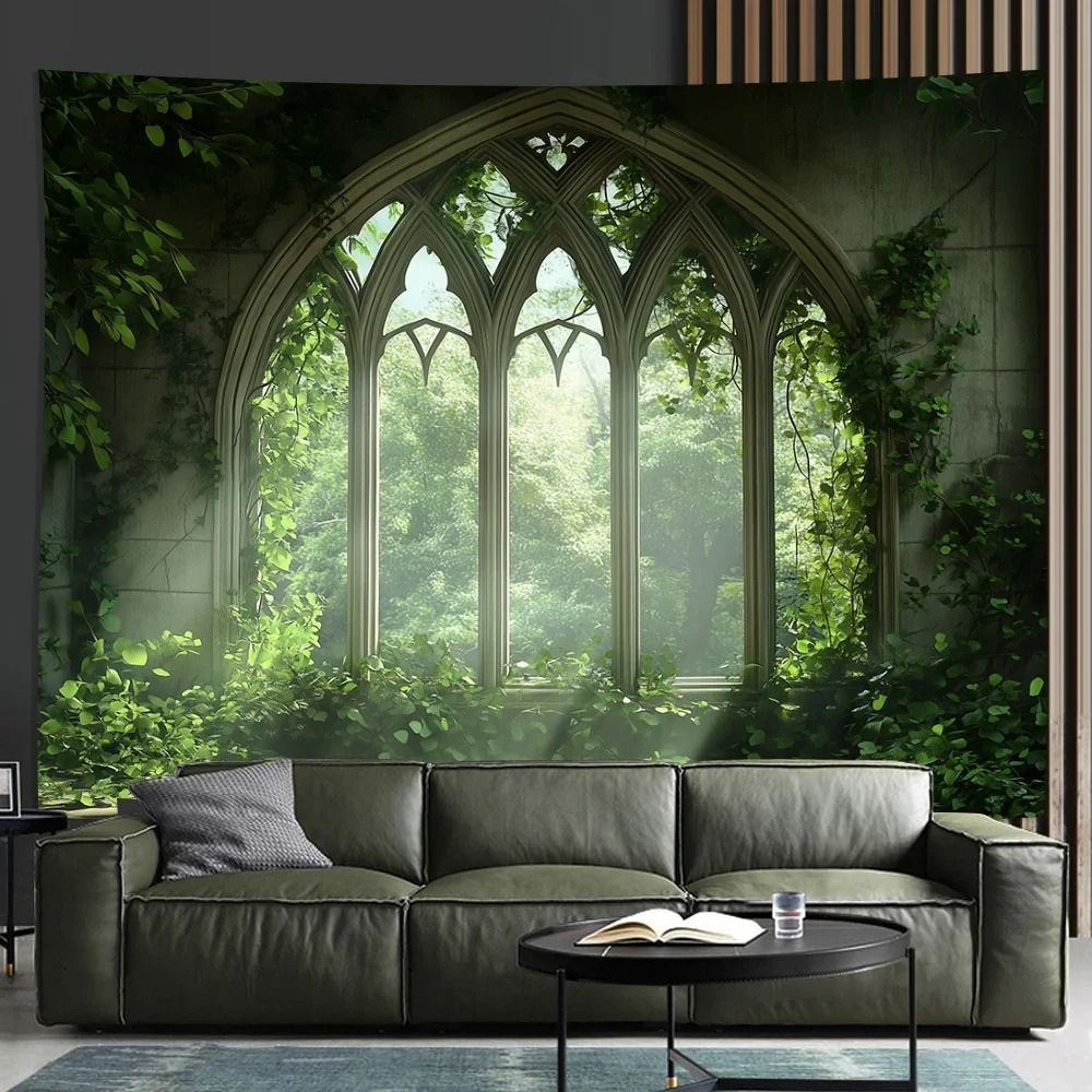 Enchanted Gothic Window Lush Garden Tapestry 7