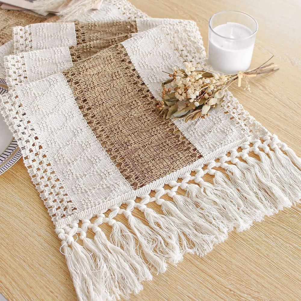 Rustic Boho Farmhouse Linen Table Runner With Tassels 0