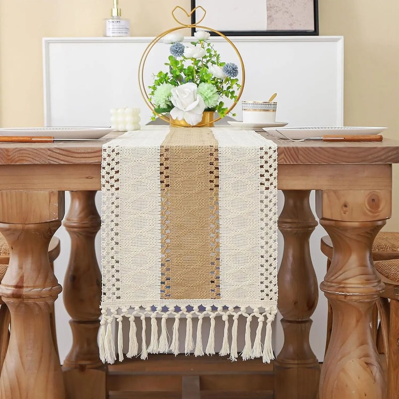 Rustic Boho Farmhouse Linen Table Runner With Tassels 3