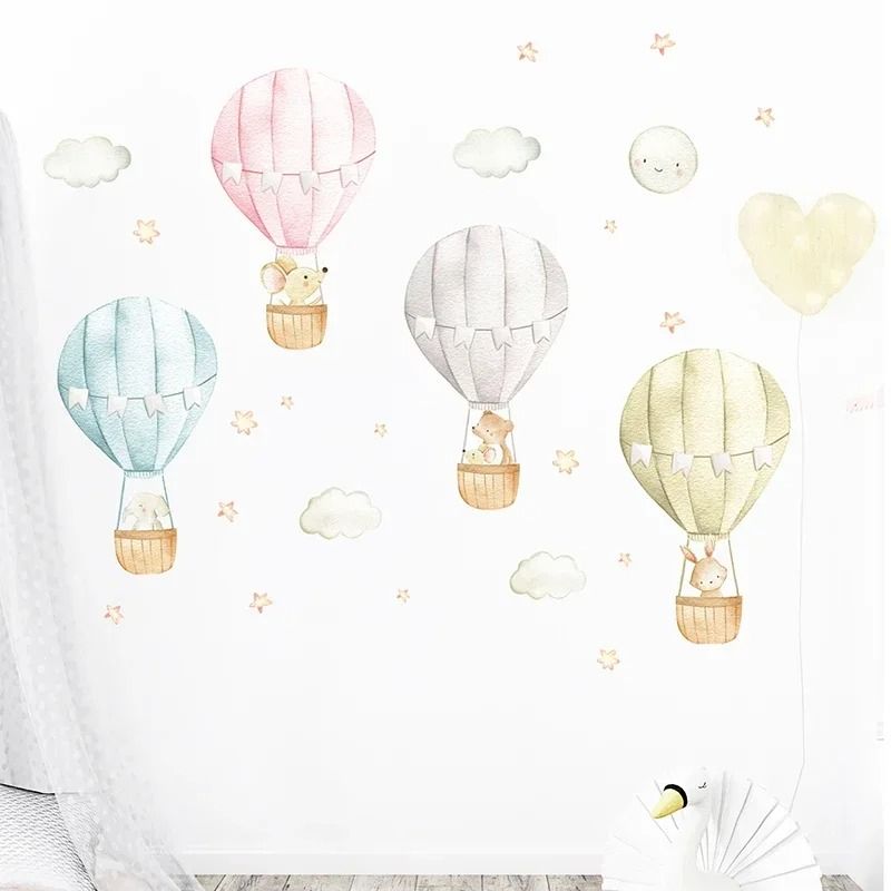 Whimsical Watercolor Hot Air Balloon Animal Wall Decals 0