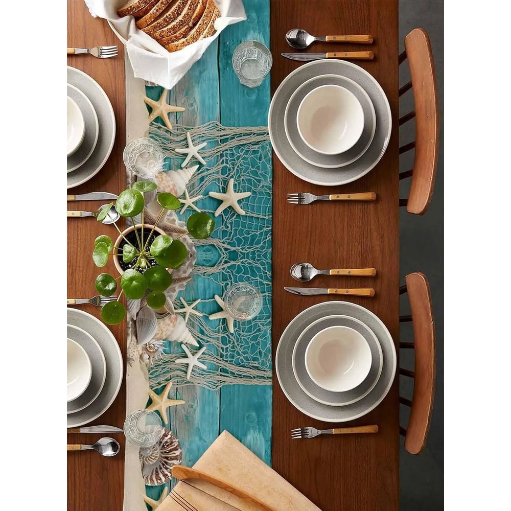 Summer Beach Starfish Shell Linen Table Runner 2
