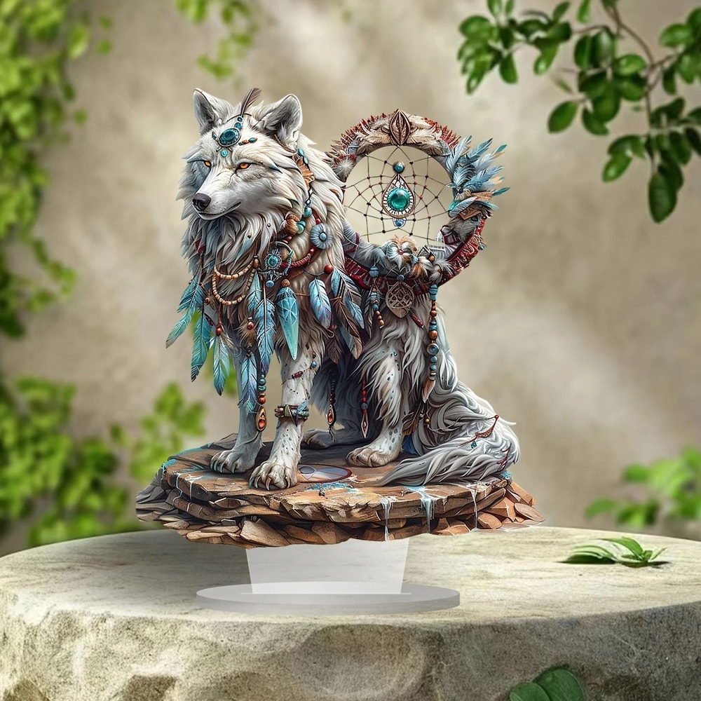 Majestic White Wolf Dream Catcher Acrylic Desk Decor 0