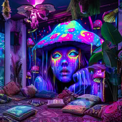 psychedelic mushroom girl blacklight reactive tapestry