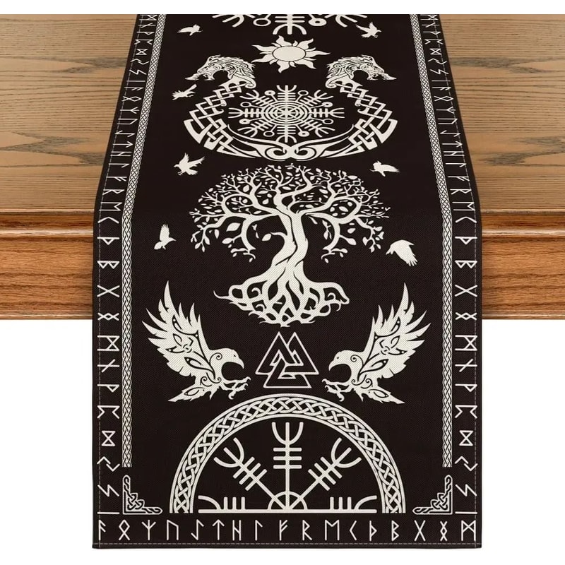 Vintage Viking Helmet Of Awe Linen Table Runner 5