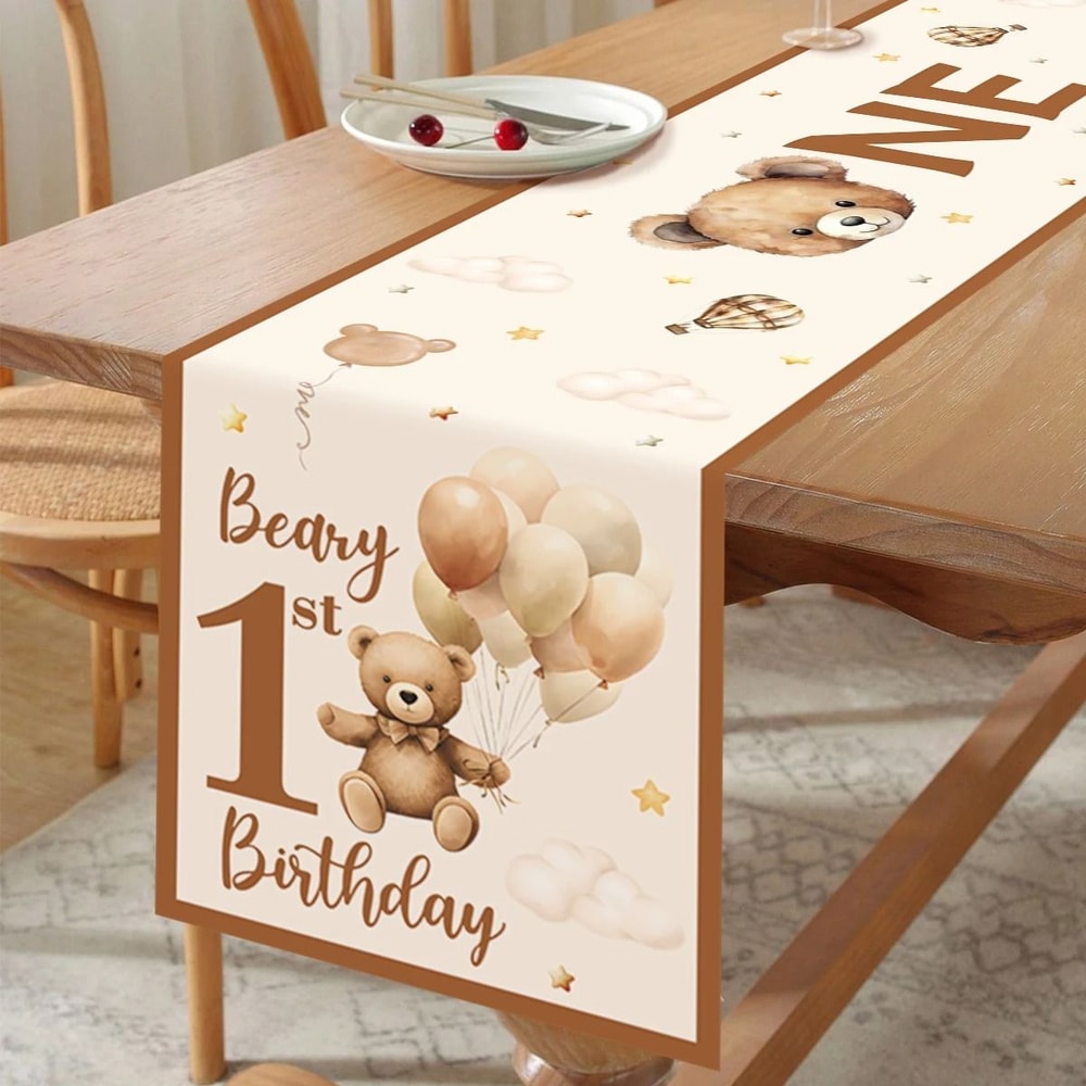 Teddy Bear Pattern 1st Birthday Table Runner 0