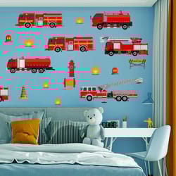 cartoon fire truck wall decor set – high-definition adventure murals for modern playrooms & nursery sanctuaries