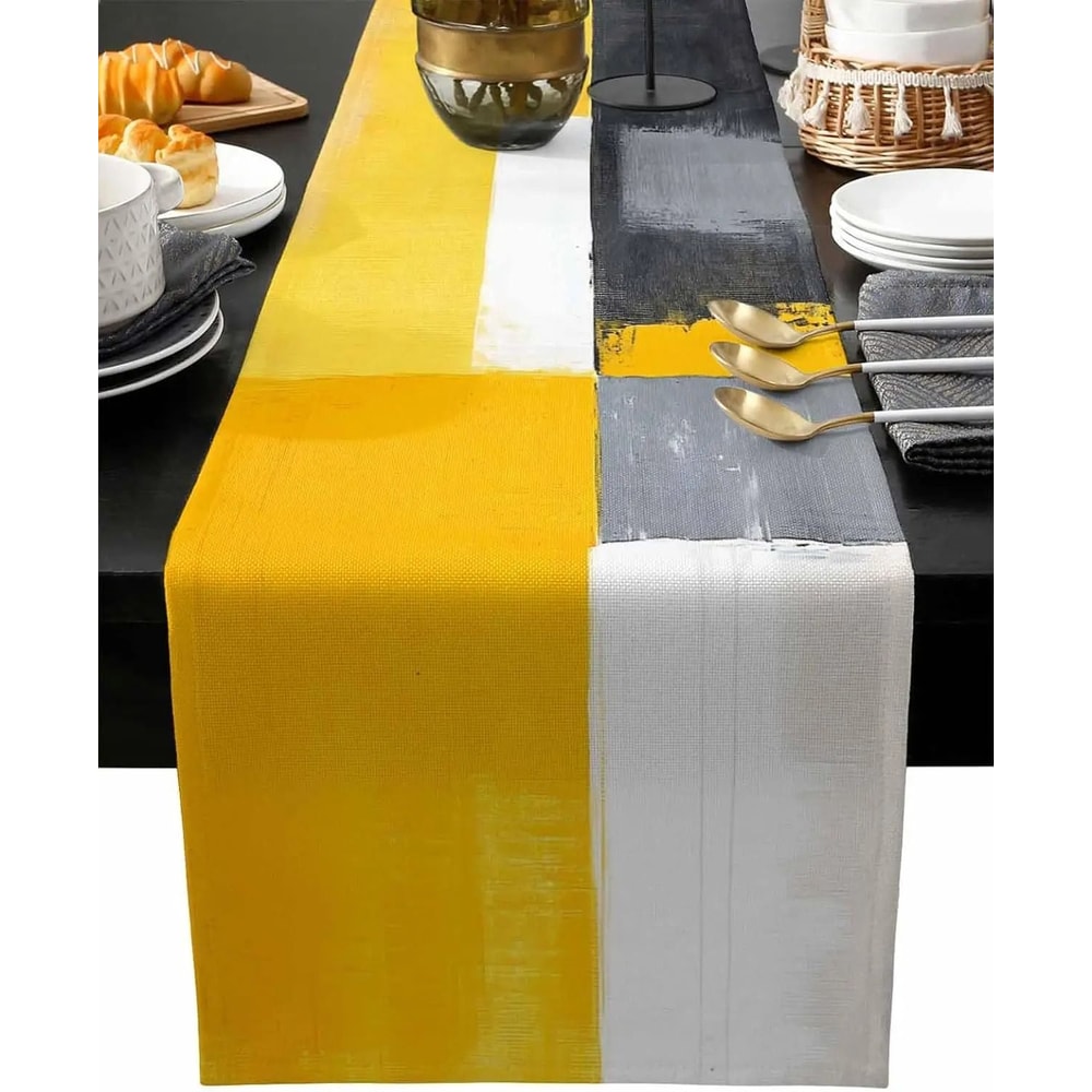 Abstract Yellow Linen Table Runner HighDefinition Modern Geometric Art Textile 0