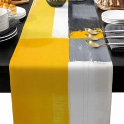 abstract yellow linen table runner – high-definition modern geometric art textile