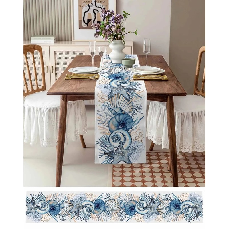 Summer Ocean Linen Table Runner HighDefinition Coastal Textile Sculpture 5