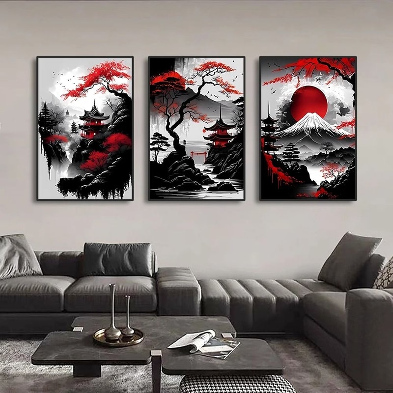 3Piece Vintage Japanese Wall Art Minimalist Natural Landscape Canvas Prints For Modern Home Decor 1