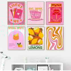 retro cocktail drink posters – pink strawberry & lemon kitchen bar decor – minimalist canvas wall art