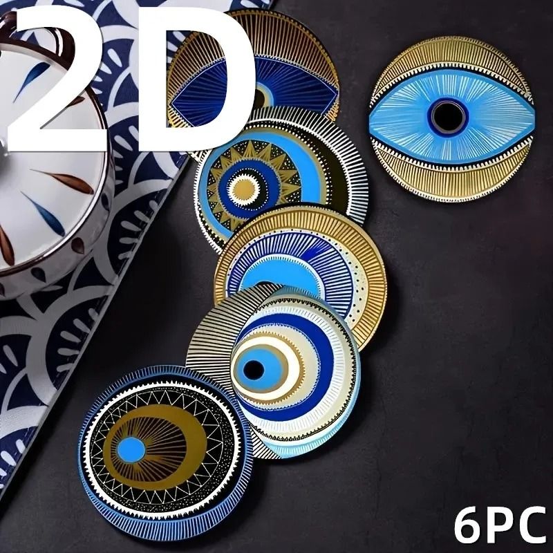 6Pack Wooden Coasters 4 In Evil Eye Theme Desktop Insulation Mats Modern Coffee Mug Coasters And 5