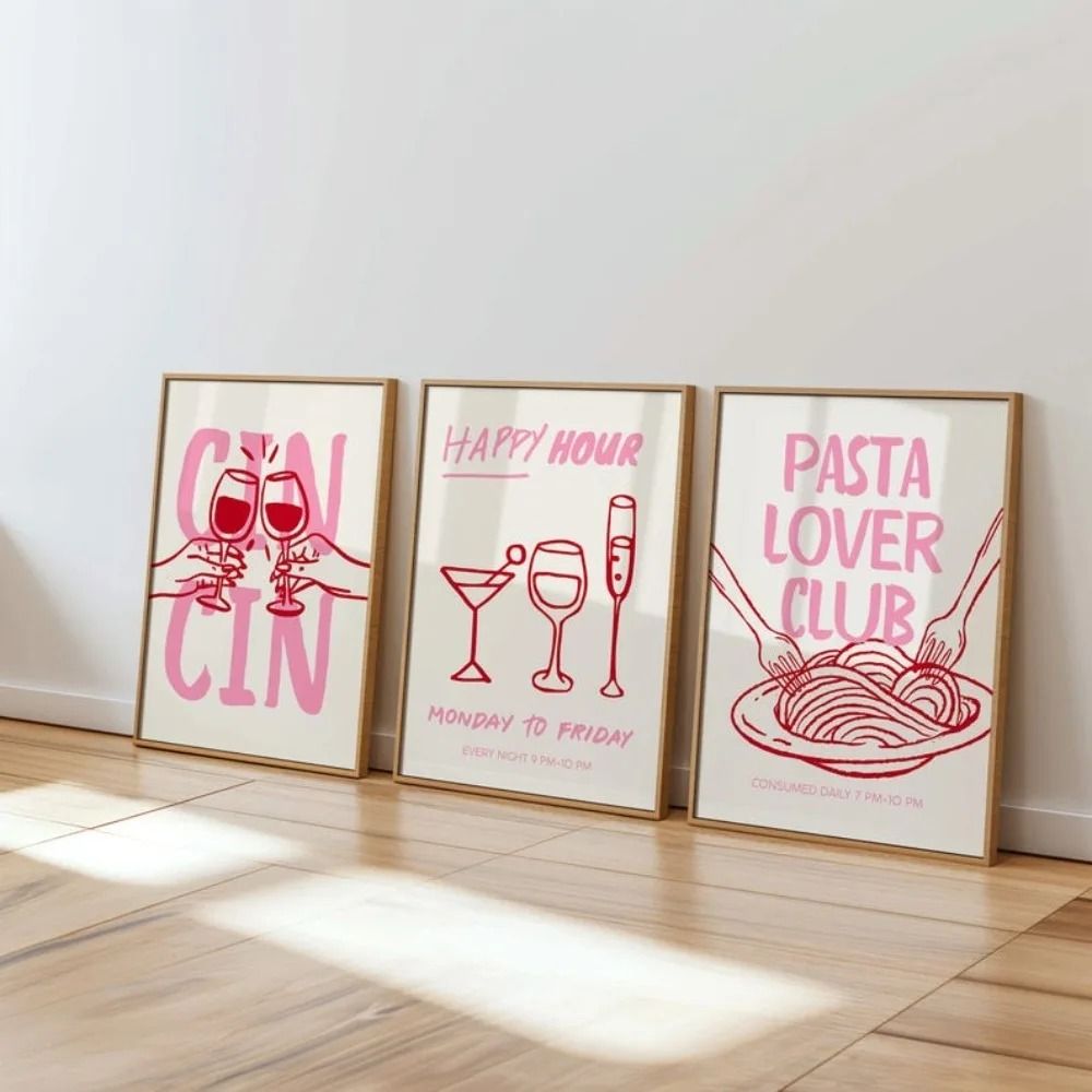 Cin Cin Cheers Wall Art Pink Happy Hour Cocktail Poster Pasta Lovers Club Italian Food Print Mod 0