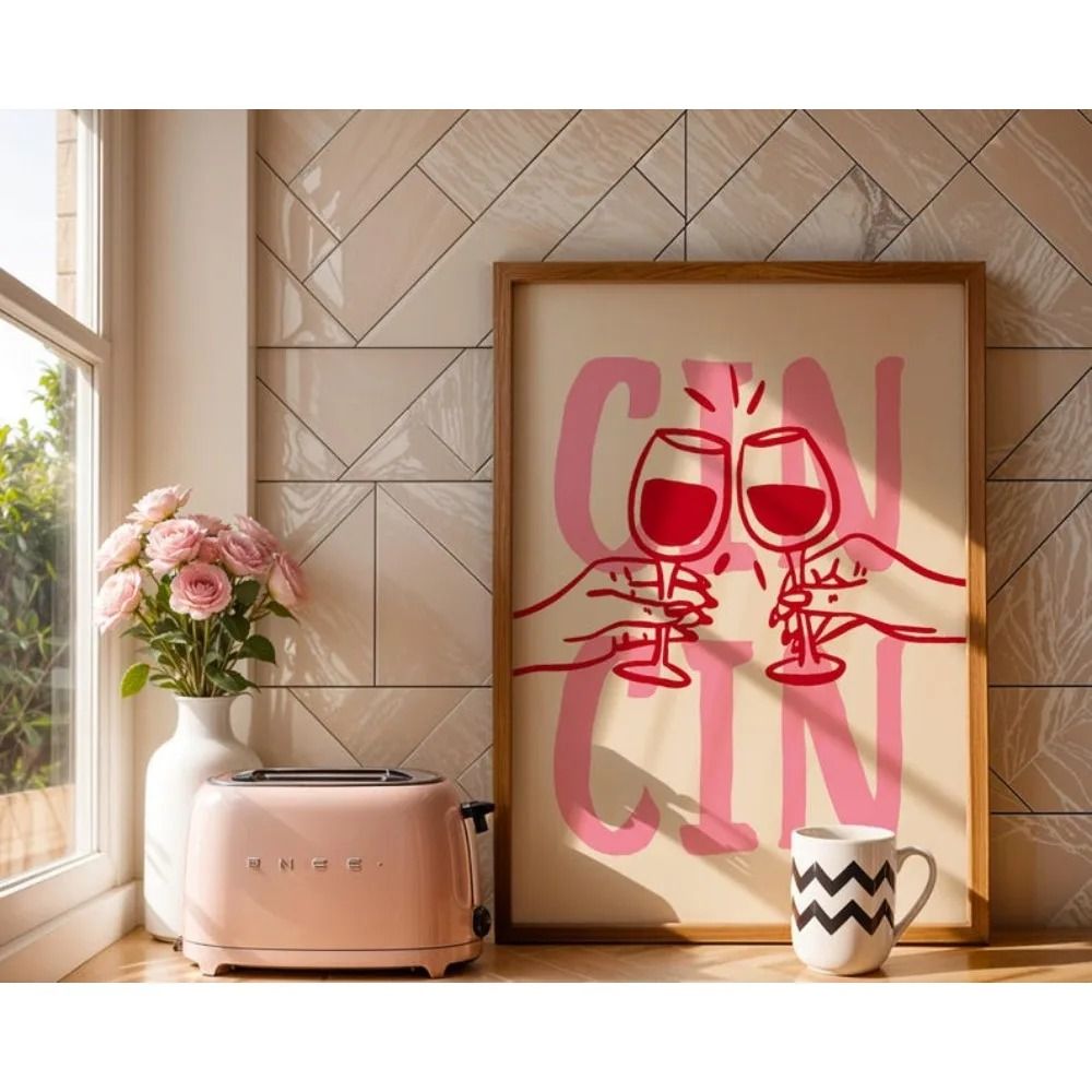 Cin Cin Cheers Wall Art Pink Happy Hour Cocktail Poster Pasta Lovers Club Italian Food Print Mod 6