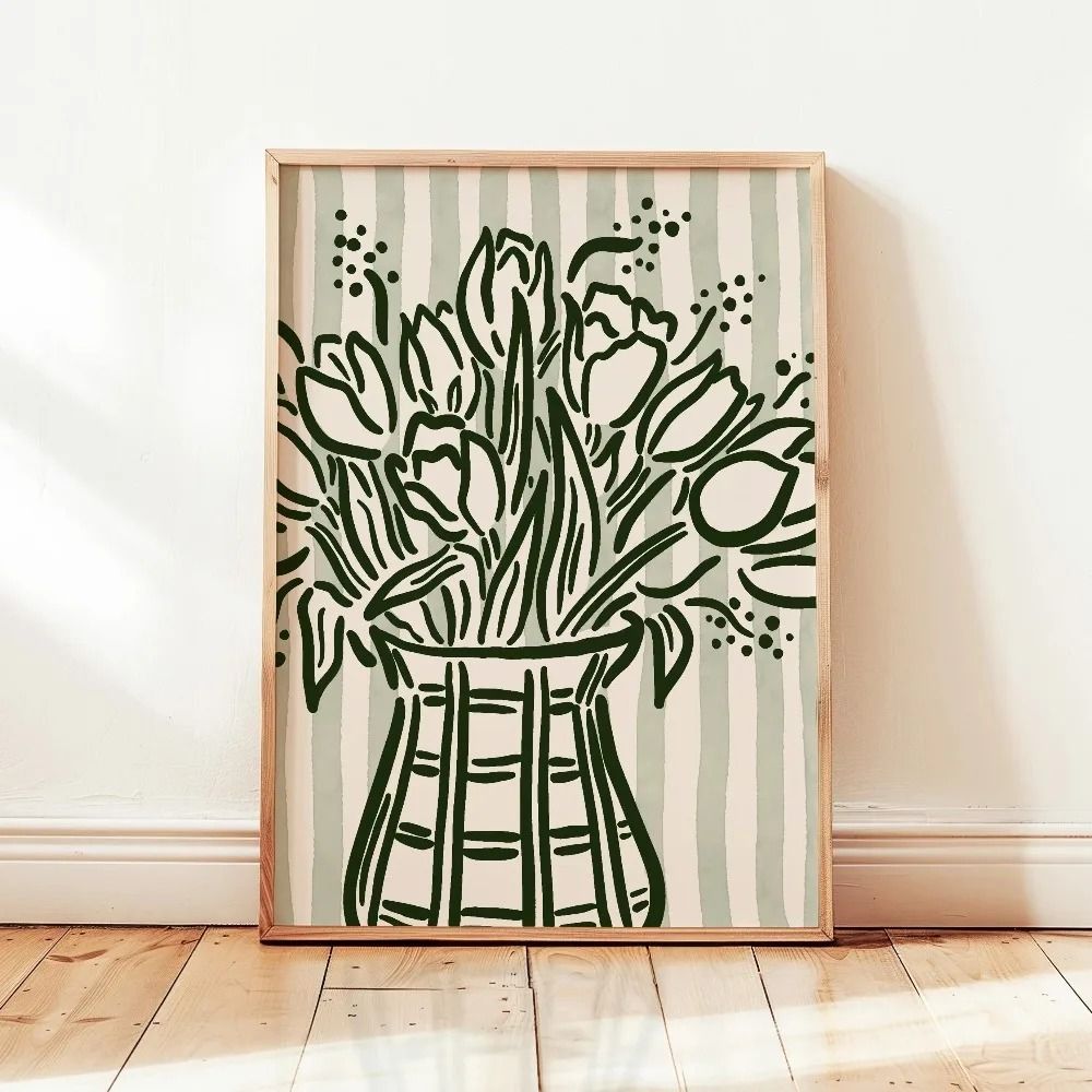 Retro Beige Floral Line Art Minimalist Botanical Canvas Painting Simple Modern Plant Wall Decor F 20