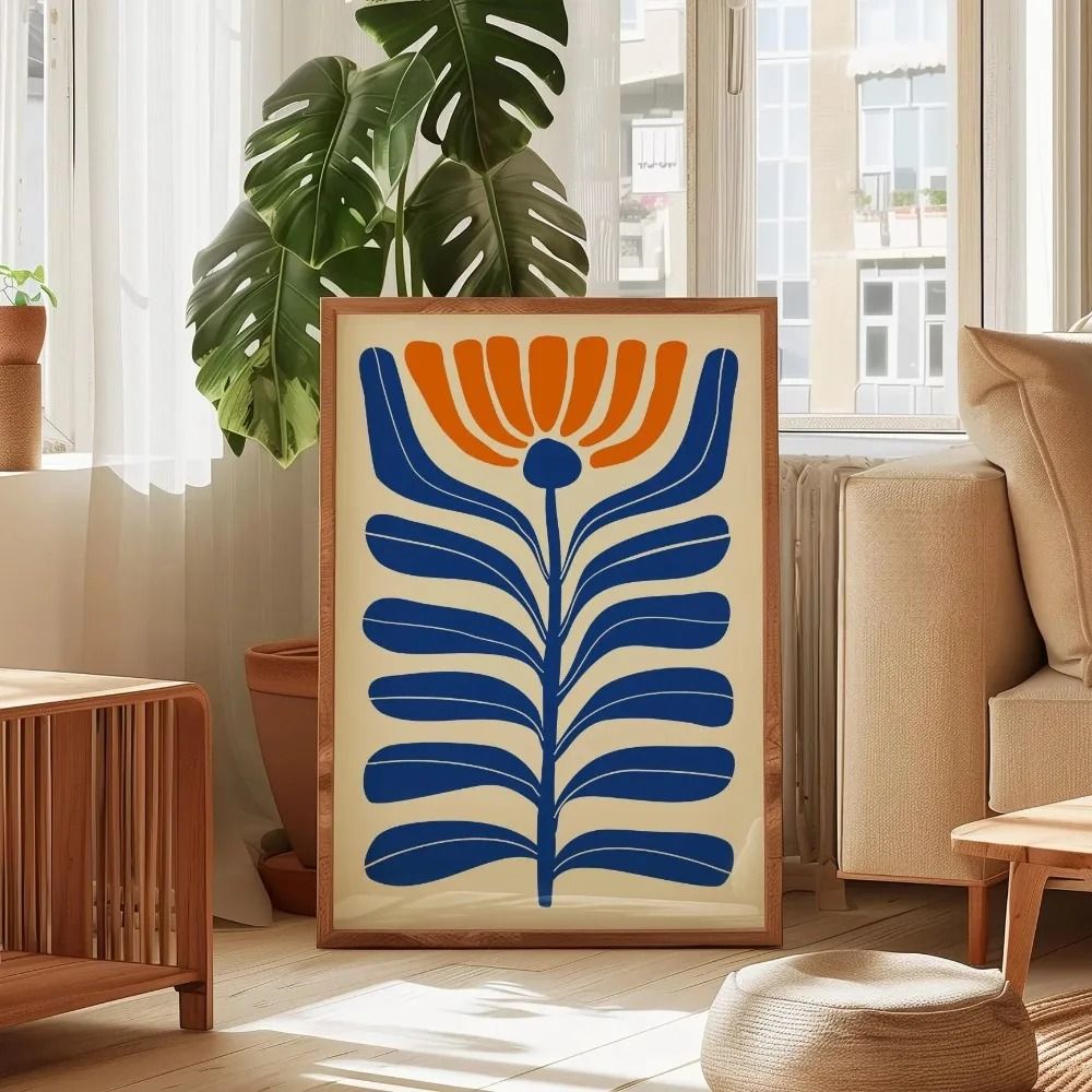 Retro Beige Floral Line Art Minimalist Botanical Canvas Painting Simple Modern Plant Wall Decor F 23