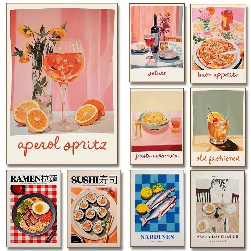Mediterranean Aperitivo Wall Art Aperol Spritz Negroni Wine Cocktail Posters Modern Sardine Piz 0